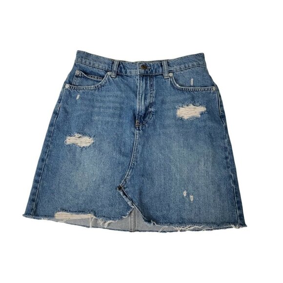 Free People Denim Mini Skirt 27 Hallie Midstone Distressed Raw Hem Boho - Picture 2 of 10